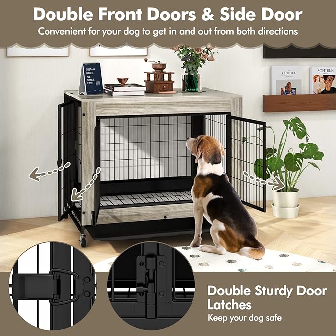 Giantex Dog Crate Furniture with Wheels, 38" Modern Dog Cage with 3 Doors, Flip Top Lid, Removable Pull-Out Tray, Decorative Dog Kennel Indoor Pet House End Table for Medium & Large Dogs (Oak Gray)