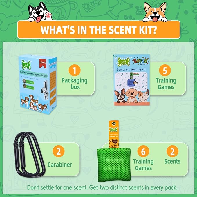 Dog Scent Training Kit – Fun Nosework Brain Games for Dogs – Encourage Calmness, Build Bond, All Ages & Breeds – 6 Scent Pouches with Fennel & Rosemary, Snap Hooks & Step-by-Step Training Guide