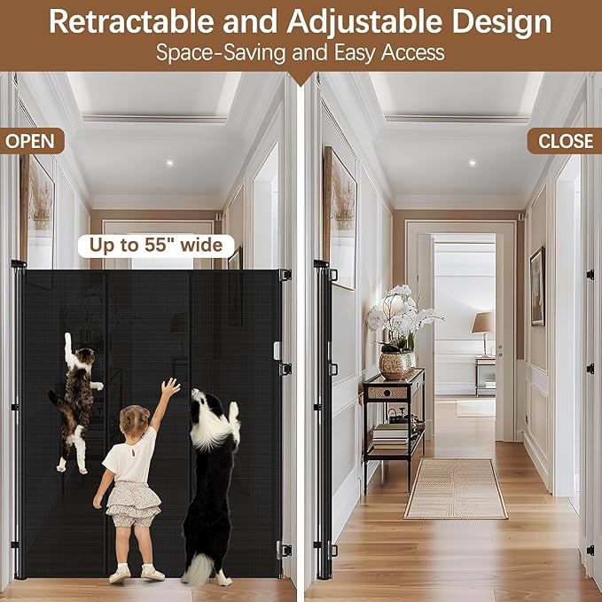Reinforced 60 Inch Extra Tall Cat Gate Retractable Dog Gate - No Jumping Over/Crawling Under, 55" Wide Retractable Baby Gates for Cats with Reinforced Rods, 5ft Tall Dog Gate Indoor Cat Barrier/Black