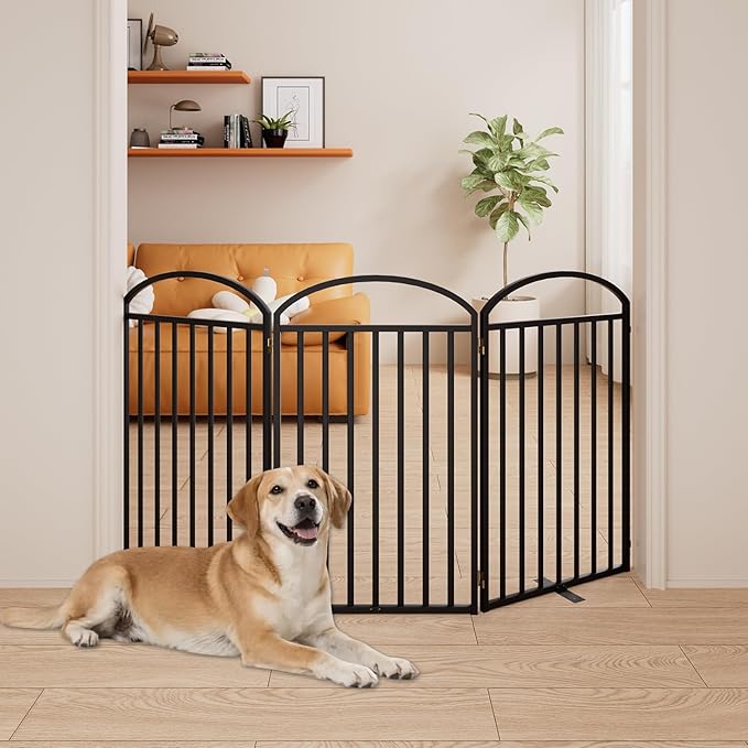 3 Panels Full Matel Freestanding Dog Gates, 72" Extra Wide 36" Tall Free Standing Dog Pet Gate for Indoor & Outdoor. Foldable Pet Fences for Doorways, House, Stairs, Porch, Deck, Yard