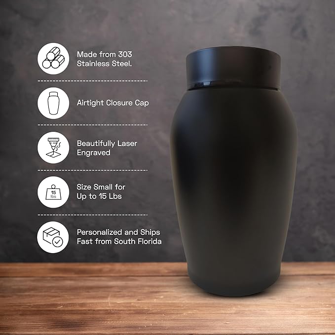 Personalized Custom Small Keepsake Urn Engraved with Pet Name, Date, and Dog Design - 5.2" Black Powder Coated Steel Cremation Urn for Dogs Ashes | Hand and Paw - Holding, Black