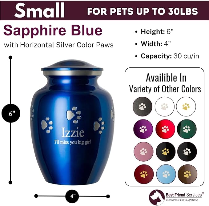 Ottillie Paws Premier Series Pet Urn for Dogs and Cats with Personalized Laser Engraving (Small - Pets up to 25 lbs, Sapphire Blue with Horizontal Pewter Paws)