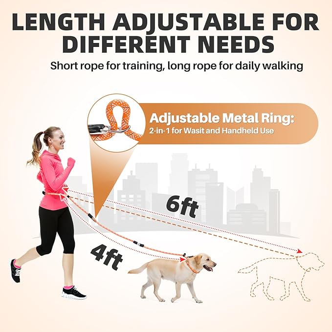 SlowTon Slip Lead for Dogs - Hands Free No Tangle Adjustable 4-6 FT 1/2” Rope, Heavy Duty Nylon Leash for Large Medium Dogs that Pull, No Pull Training Slip Leashes, 20-120lb, Orange