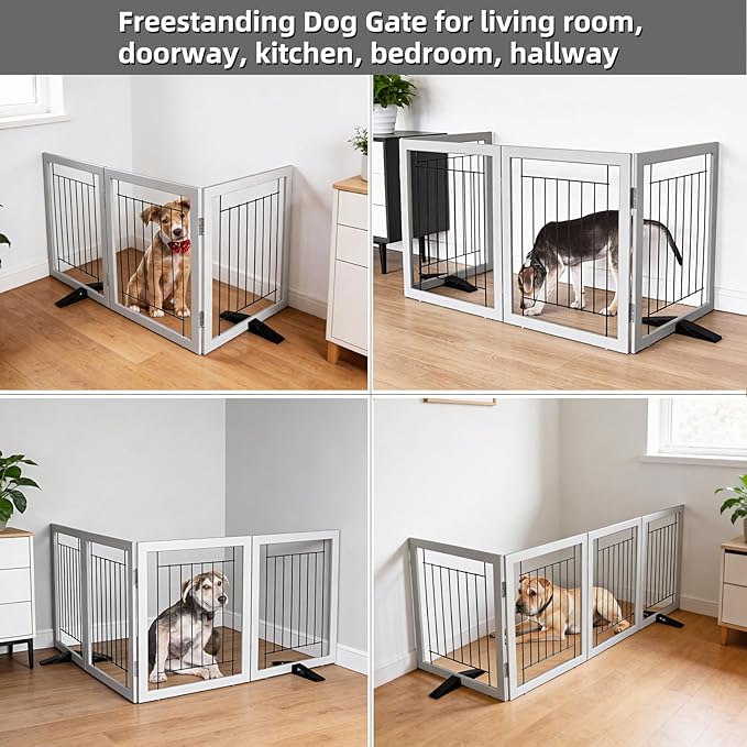 ZJSF Freestanding Dog Gate Indoor, Foldable Dog Fence for Doorways,Hallways or Stairs, Sturdy Wood Extra Wide Pet Gate with Support Feet,Grey,32 "Height-3 Panels