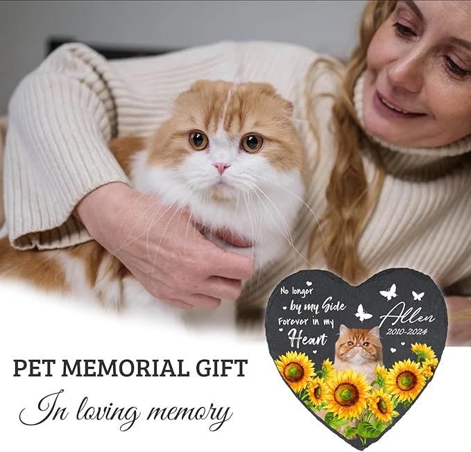 Cowcute Personalized Pet Memorial Stones for Cat Dog, Loss of Dog Sympathy Gifts for Dog Mom, Customized Bereavement Grave Marker with Photo Name Dates, No Loger by My Side Garden Stone