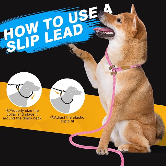FASTFOX Dog Training Leash, 6ft x 1/2 Inch Slip Lead Loop for Small Medium Large Dogs, No Pull 3-in-1 (Pink)