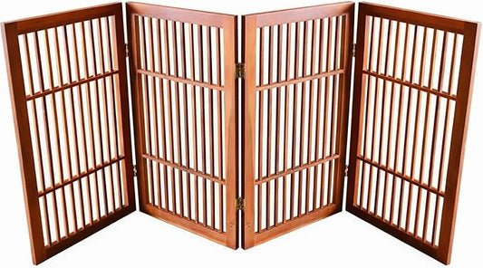 Urnporium Pet Dog Gate Freestanding, Strong Durable Folding Wooden Fence, Portable Acacia Hardwood Safety Barrier for Indoor & Outdoor Use (Brown Pet Gate, 4 Panel 30" Tall)