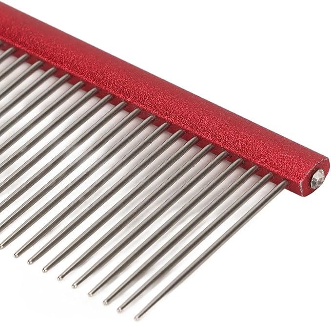 Pet Steel Comb Dogs and Cats, Professional Dog Grooming Comb For Shedding Tangles Knots, Pet Dematting Comb with Rounded Teeth and Non Slip Grip Handle for Long Haired Breeds(Red 16cm/6.3in)