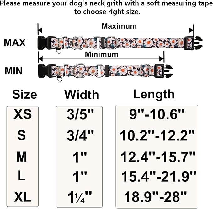 Martingale Collar for Dogs Flower Dog Collar with Quick Release Buckle Adjustable Nylon Soft Dog Collars for XSmall Dogs, Daisy