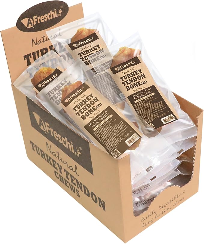 A Freschi srl Turkey Tendon of Dog Bones Shape, USA-Sourced, Limited-Ingredient, Rawhide-Free, Long-Lasting, All-Natural Dog Treats for Medium Dogs, 20 Count Box (M)
