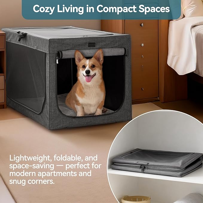 PETSFIT Portable Dog Crate for Medium Dogs, – 30" Soft Dog Travel Crates with Lockable Zippers & Thicken Mat, Adjustable Patented Spiral Steel Frame, Collapsible Kennel for Indoor & Outdoor