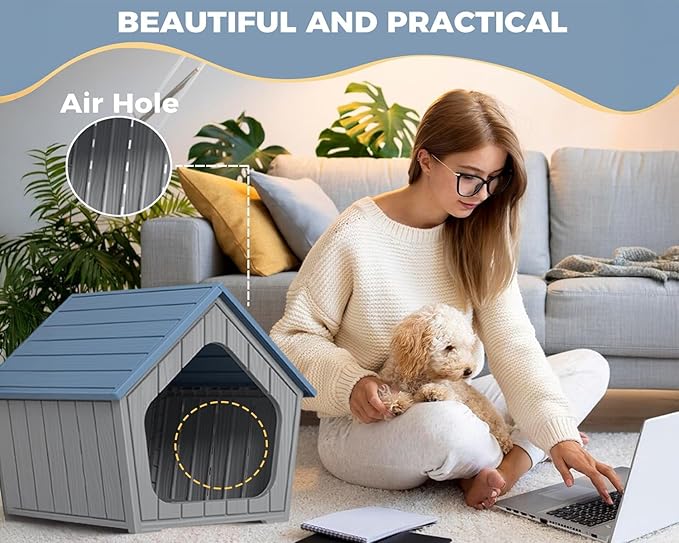 DRATO Dog House Outdoor Indoor Cozy Small Dog Houses Durable Resin Material Houses for Dogs Outside Weatherproof Pet Shelter for Patio, Porch, Living Room (Blue)