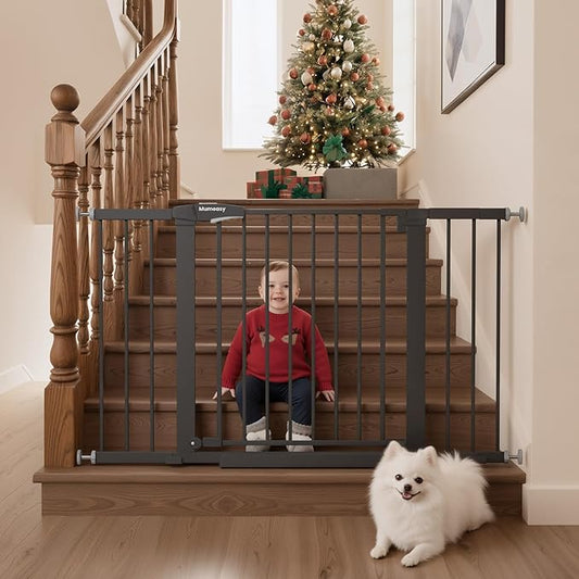 Mumeasy 29.7–48" Baby Gate for Stairs, Dog Gate for Doorways, Auto Close Child Gate, Indoor Safety Pet Gate with Walk Thru Door, Easy Install Pressure Mounted Extra Wide Gate for Kitchen, House, Black