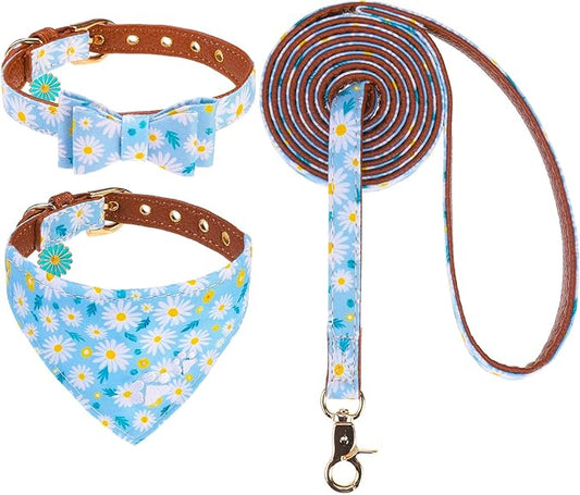 EXPAWLORER Small Collar and Leash Set - Embroidery Pawprints with Bow Tie and Bandana Collar with Bell, Soft Tangle Free Leash for Dogs Cats Outdoor Walking, Holiday Ideal Gift Blue Daisy S