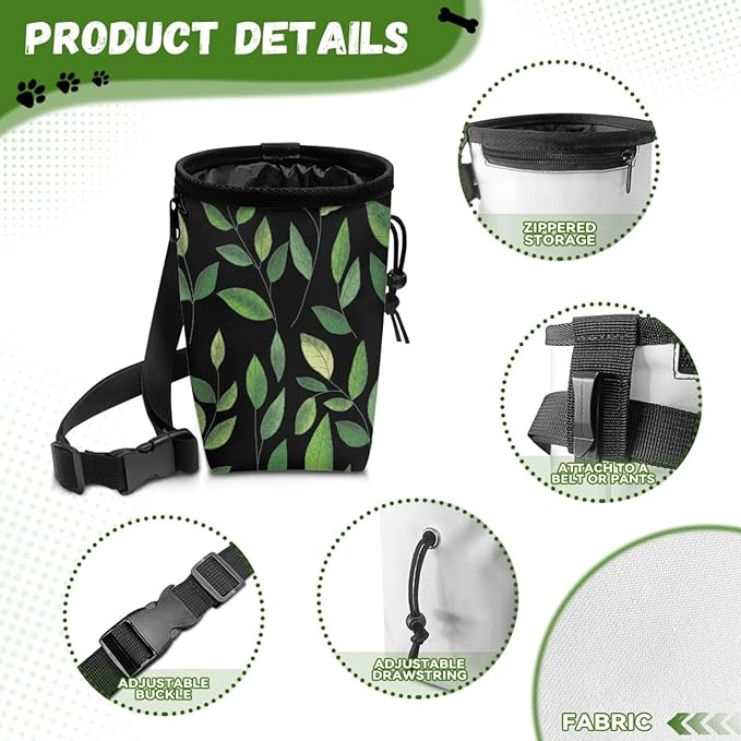 Green Leaf Dog Treat Bag Pet Treat Pouch Puppy Training Pouch with Waistband, Treat Snack Bags Holder for Puppies with Multiple Ways to Wear
