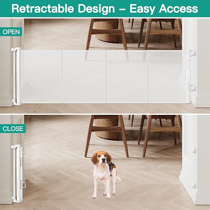 24 Inch Tall x 75 Inch Extra Wide Retractable Dog Gate for The House, Short Dog Gate to Step Over, Reinforced Mesh Puppy Gate for Doorways, Step Over Pet Gate for Stairs, Indoor/Outdoor, White