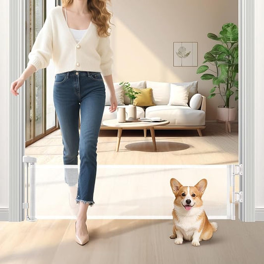Short Dog Gate,14" Tall Retractable Baby Gate to Step Over, Puppy Mesh Pet Gates Doggy for Doorways Stairs, Extends up to 59" Wide for Kitchen Hallways Indoor,- NOT for Jumpers - Drilling Required