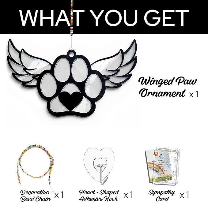 Dog Loss Sympathy Gift with Card, Memorial Gifts for Loss of Dog, Angel Pet Memorial Suncatcher, Rainbow Bridge for Loss - Winged Paw Shape