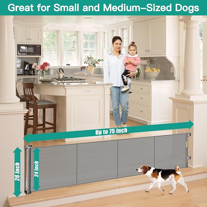 24 Inch Tall x 75 Inch Extra Wide Retractable Dog Gate for The House, Short Dog Gate to Step Over, Reinforced Mesh Puppy Gate for Doorways, Step Over Pet Gate for Stairs, Indoor/Outdoor, Gray