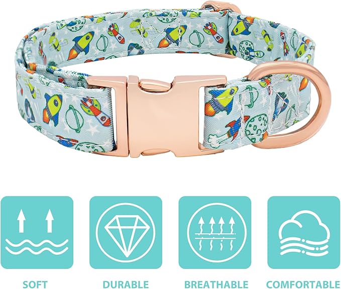 Dog Collar and Leash Set Adjustable Girls Puppy Floral Collars with Bow Tie for Small Medium Large Dogs(XS, Rocket)