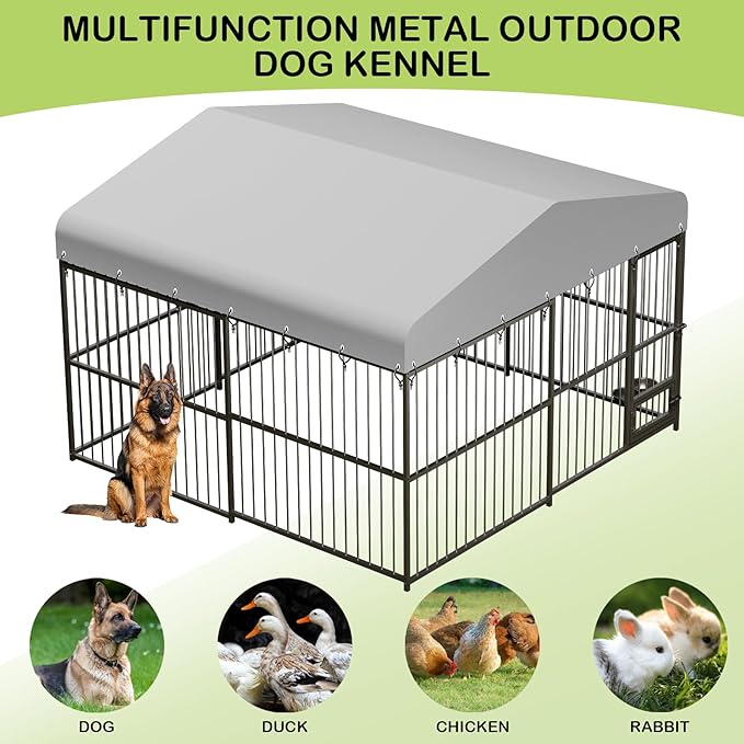 10x10x6 FT Outdoor Dog Kennel with Roof, Heavy-Duty Large Dog Cage with Lock, Waterproof Cover & Bowls, Pet Enclosure for Medium & Large Dogs