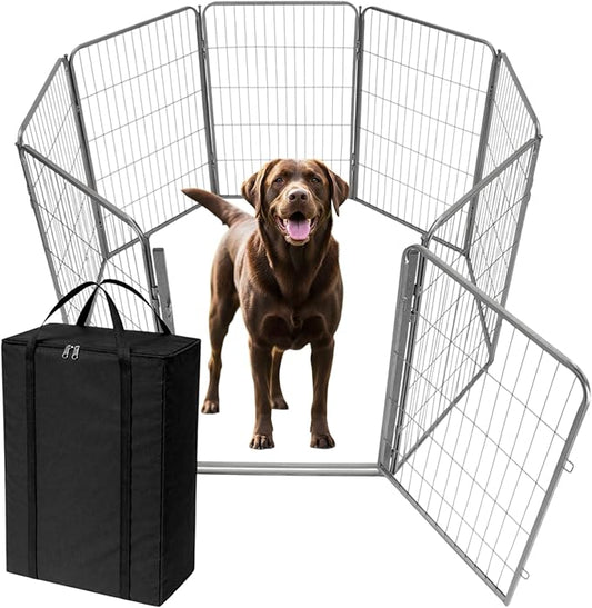 Dog Playpen w/Carrying Case for Indoor or Outdoor Use – 40 Inch, 8 Grey Panels - Portable Metal Exercise Pen for Medium & Large Dogs - Pet Fence Kennel Crate for House, RV, or Travel