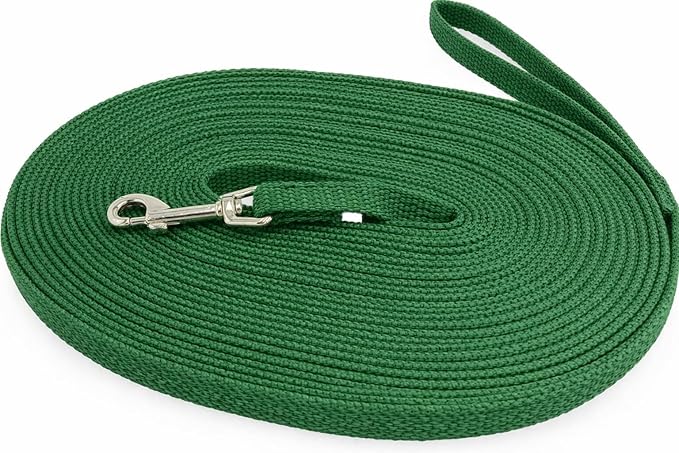 Cotton Dog Training Lead, 50ft, Green, Soft Woven Dog Training Leash for Obedience, Recall, and Control Training