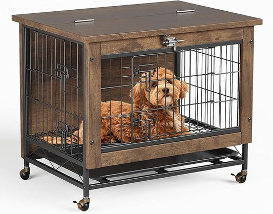26" Inch Dog Crate Furniture, Small to Medium Pet Cage with Double Doors and Wheels, Chew-Resistant Wooden Indoor Dog House, Kennel Side End Table for Bedroom & Living Room, Rustic Brown