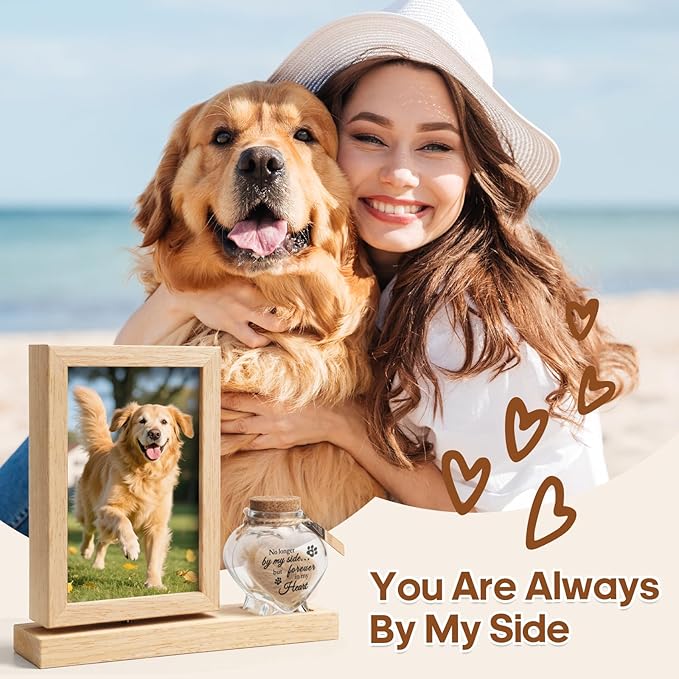 Dog Memorial Gifts for Loss of Dog – Rotating Wooden 4x6 Picture Frame with Fur Keepsake Jar & Writable Name Card, Pet Remembrance Sympathy Gift for Dog & Cat Lovers (Natural Wood)