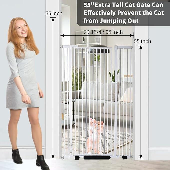 55.1 inch Extra Tall Pet Gate, Extra Wide 29.92"- 43" Adjustable Dog Gates, Pressure Mounted Walk Through Swing Safety Tall Cat Gate for Doorways, Stairs, Kitchen(White)