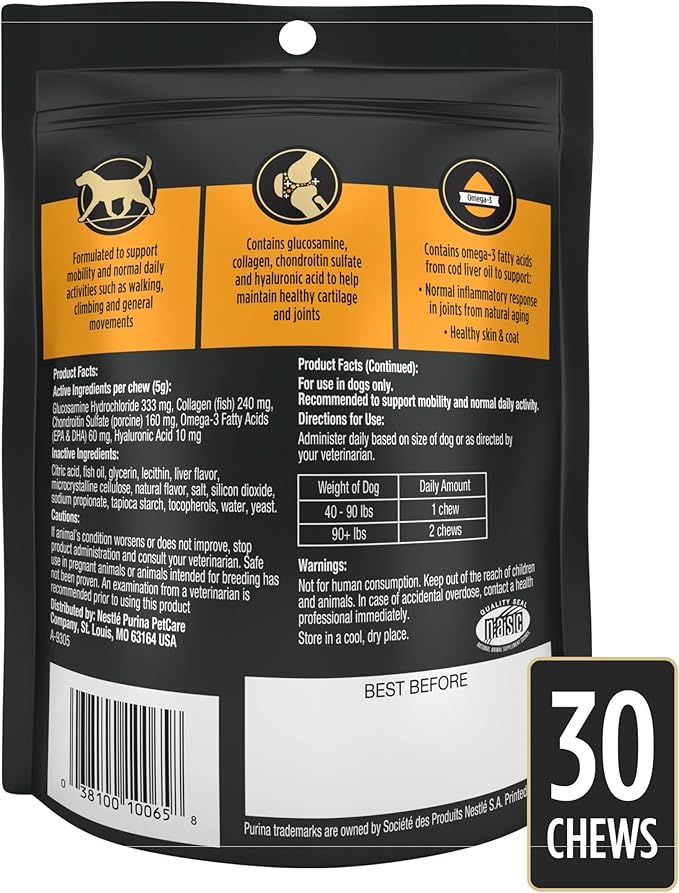 Purina Pro Plan Veterinary Large Breed Dog Joint Care Supplement with Glucosamine, Chondroitin, and Collagen to Support Hip and Joint Health – 30ct Pouch