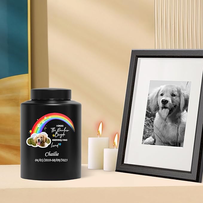 Custom Urns for Dogs Cats Ashes Personalized Memorial Pet Urn with Name and Photo Pet Cremation Urn for Loss of Dog or Cats Engraved Pet Funeral Urn (Rainbow)
