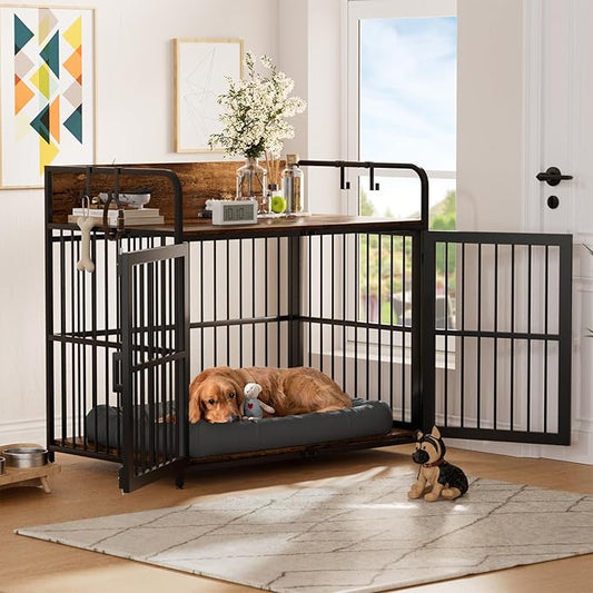 Large Dog Crate Furniture for Dogs, Wooden Decorative Heavy Duty Indoor Dog Kennel with Double Doors for Medium Small Breed, Pet House Dog Cage with Side End Table