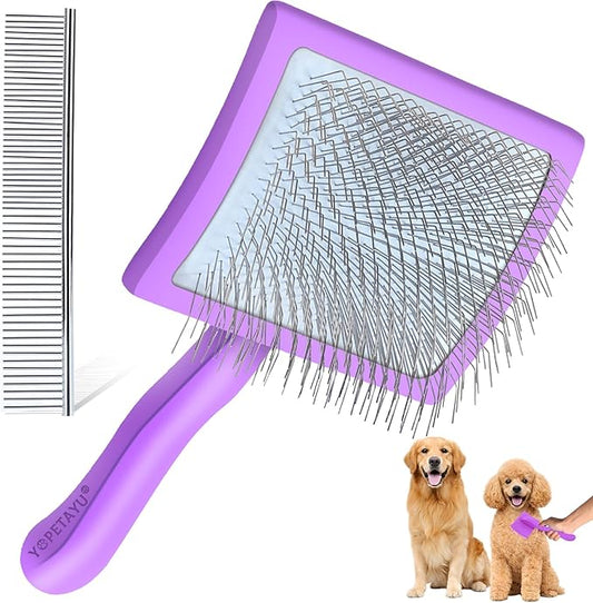 Dog Slicker Brush for Goldendoodles, Poodles & Long Haired Dogs - Long Pin Doodle Brush & Pet Comb Kit Removes Tangles Loose & Knots, Professional Grooming Tools with Wooden Handle, Purple