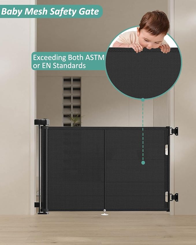 59 inch Retractable Baby Gates 42 inch Tall, Retractable Gate with Reinforced Strip Design to Prevent Crawling Through, 5 FT Retractable Dog Gate for Stairs, Doorways, Hallways, Indoor/Outdoor
