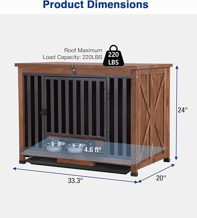 Dog Crate Furniture, Foldable Wooden Dog Kennel Furniture with 360° Rotating Feeding Bowls, Iron Frame Dog Crate with Deepened Sliding Tray - Dark Brown