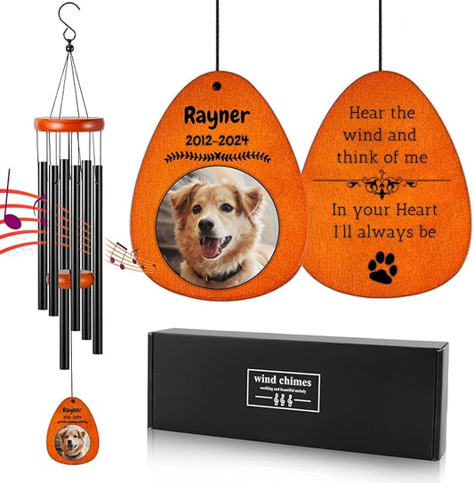Personalized Dog Memorial Gifts for Loss of Dog - Custom Sympathy Wind Chime with Photo & Name, 26"/32"/37" Outdoor Bereavement Keepsake for Garden or Patio(Black)