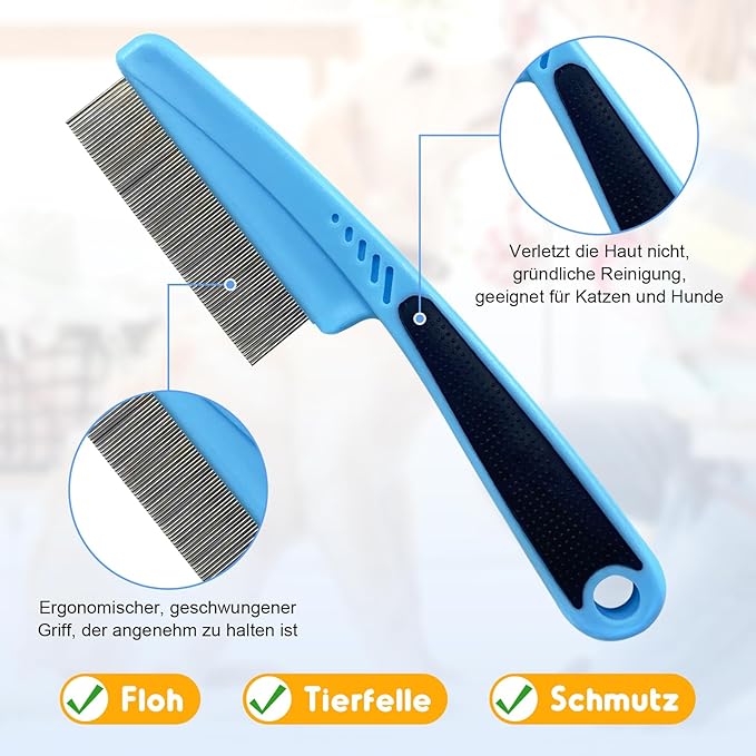 2Pcs Flea Comb for Dogs Cats, Upgrade Multifunctional Pet Comb Pet Hair Removal Flea Comb, Fine Tooth Stainless Cleaning Massage Brush for Dog Cat (Blue)