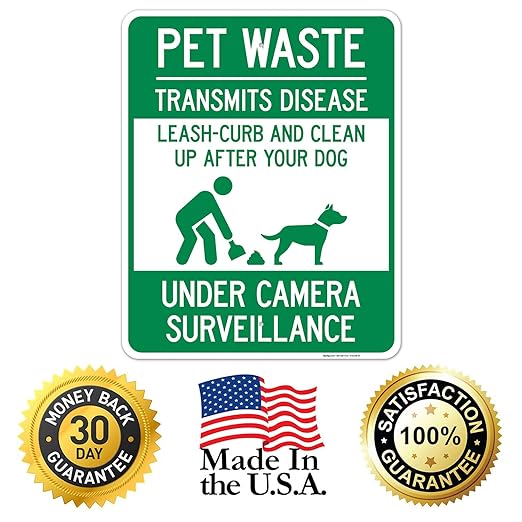 Pet Waste Leash-Curb and Clean Up After Your Dog Under Camera Surveillance Sign, (SI-63188) 24x30 Inches, Rust Free .063 Aluminum, Fade Resistant, Made in USA