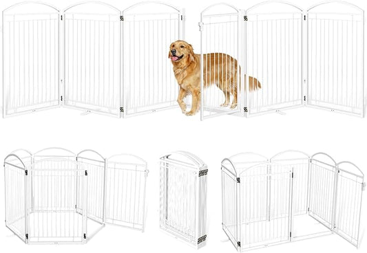 Full Metal Free Standing Dog Gate with Door for Indoor Outdoor, 144'' Extra Wide 32'' Tall Dog Gate for Doorways,Large Openings,Decks,Freestanding Portable Pet Fence(6 Panels,Black)