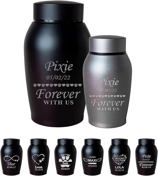 Personalized Cremation Keepsake Pet Ashes Urn Waterproof with Airtight Closure Customized Text Engraving Vase Container Memorial Dog Cat Funeral Decorative (Forever with us)