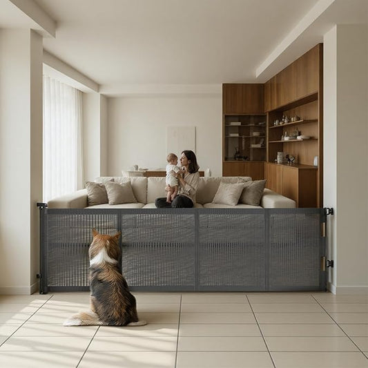 34" H Tall Mesh Dog Gate Extends Up to 200" W Retractable Pet Gate with Drill Installation, Preventing Crawling Through for Stairs, Doorways, Indoor & Outdoor (Grey)