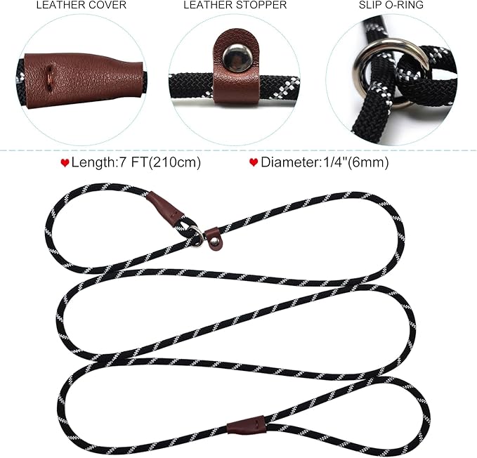 7FT Slip Lead Dog Leash for Small Dogs, No Pull Puppy Training Lead, Lightweight Sturdy Pet Slip Rope Leash, Black