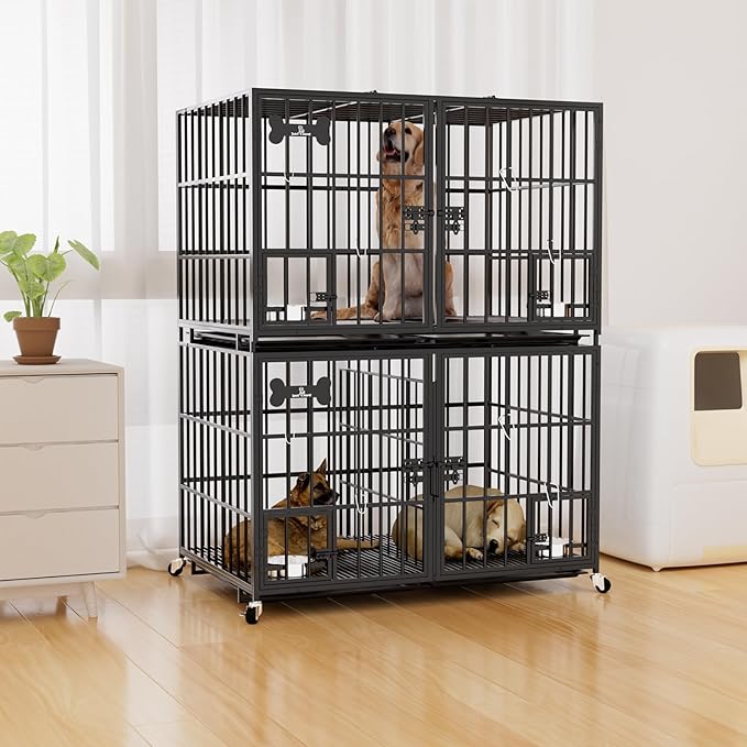 42 inch Stackable Heavy Duty Metal Dog Crate for 4 Dogs/Large Dog,All Metal Open Top Access,Escape Proof Cage,Dog Kennel Indoor with Wheels,Floor Grid, Tray, Divider and Feeding Bowl