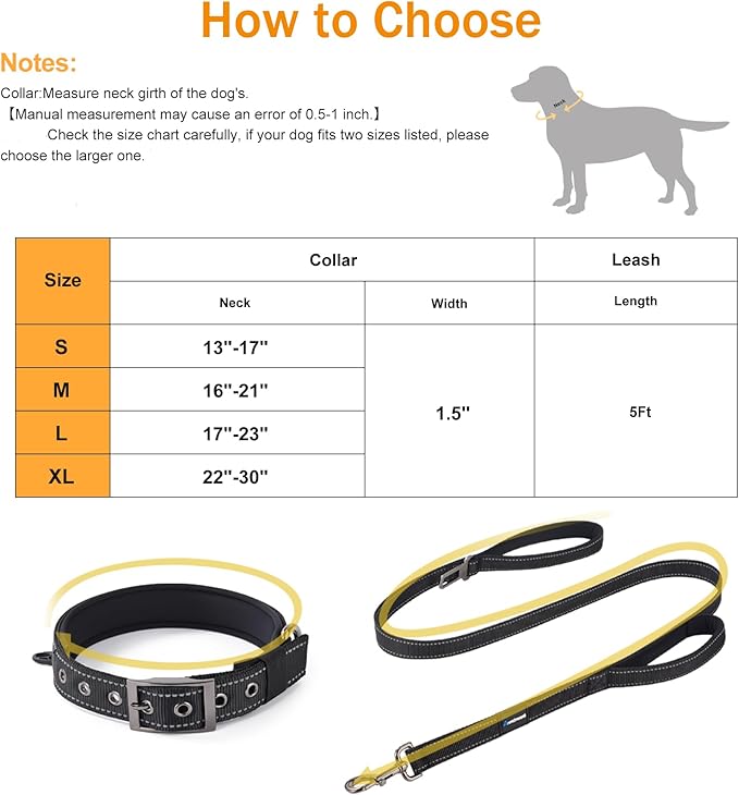 Annchwool Adjustable Dog Collar and 5 FT Leash Set with Heavy Duty Metal Buckle–Comfortable Lining Reflective Collar & Dual-Handles for Medium Large Dogs Walking,Running(Black Set,S:13''-17'')