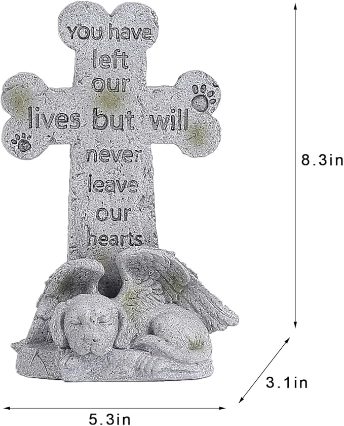 Memorial Statue - Sleeping Dog Angel Cross Tombstone, Grave Marker for Deceased Pet, Loss of Dog Memorial Sympathy Gift - Polyresin, Stone Finish, 8.27 Inch
