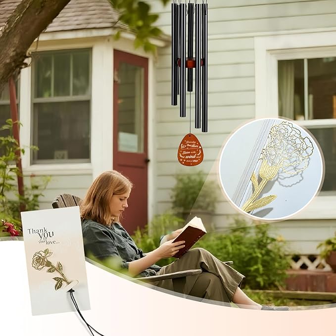 Pet Memorial Wind Chimes - Bereavement Gift for Loss of Dog/Cat with Metal Rose Card, 26" Weatherproof Outdoor Keepsake for Garden