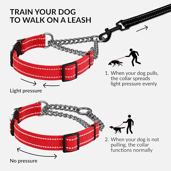 CollarDirect Martingale Dog Collar with Stainless Steel Chain and Quick Release Buckle - Reflective Collar for Large, Medium, Small Dogs - Red, Large (Neck Size 17"-22")