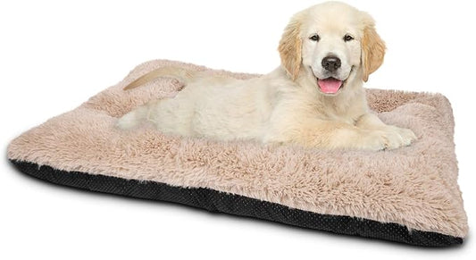 JOEJOY Dog Bed Crate Pad, Deluxe Plush Washable Dog Beds Fulffy Soft Kennel Pad Anti-Slip Pet Sleeping Mat for Small Dogs，23" x 18", Beige