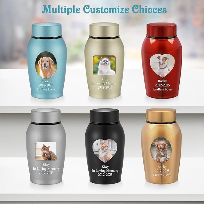 abooxiu Photo Custom Small Urn for Dog Cat Ashes Pet Memorial Urns for Ashes Stainless Steel Cremation Keepsake Urn Photo Personalize Pet Memorial Gifts for Dog Cat-Blue